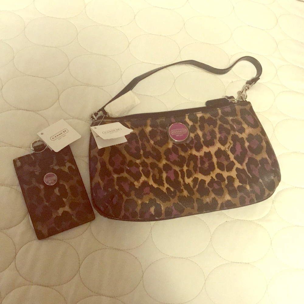Violet & Leopard Coach mini purse, with lanyard ID